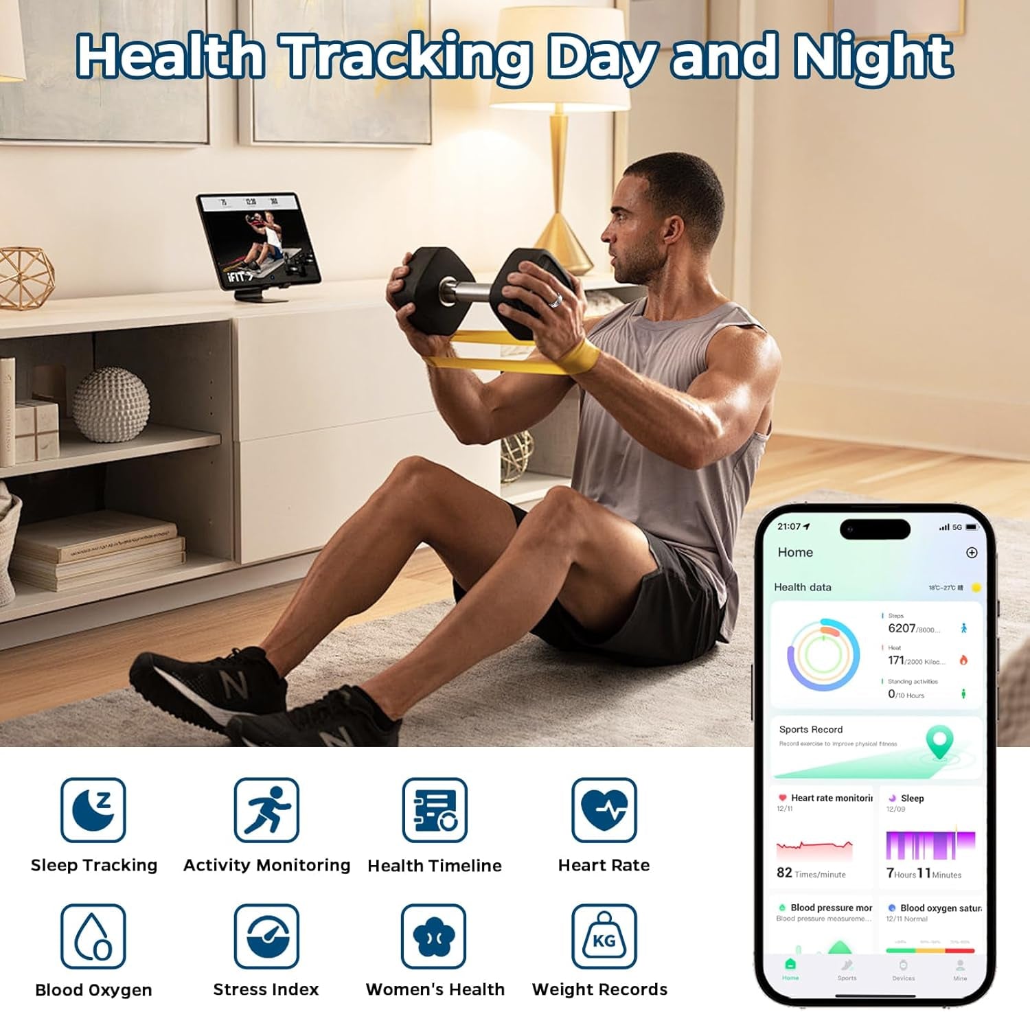 Smart Ring Health Tracker, Sleep Tracker Ring with Heart Rate, Waterproof Fitness Ring for Activity Monitoring/Steps/Distance/Calories, Air Gestures, up to 7-Day Battery, for Ios Android (Black,#10)