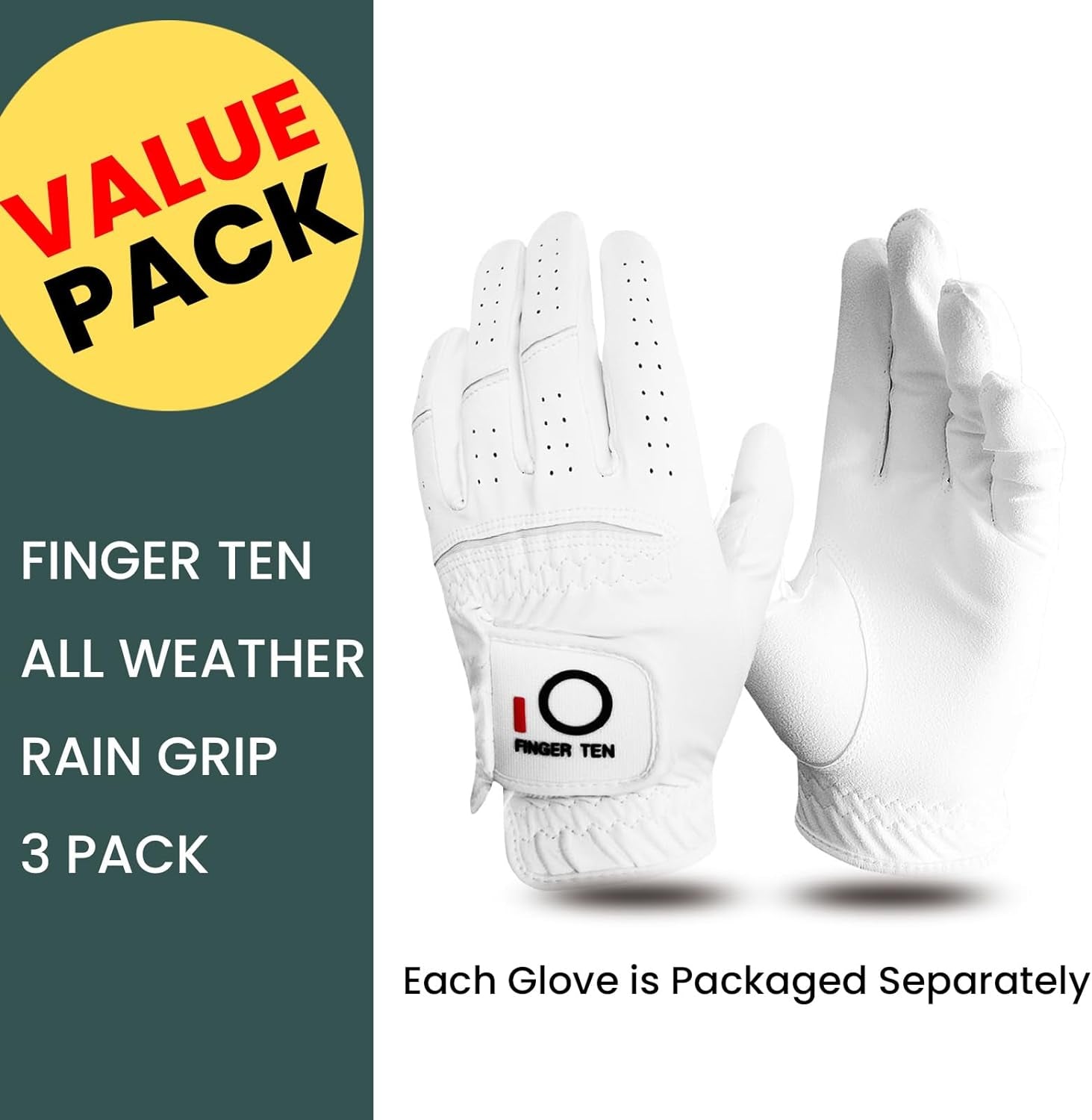 Golf Gloves Men Left Hand Rain Grip Value 3 Pack, All Weather Durable Grip Size Small Medium Large XL White Black Blue Red Brown