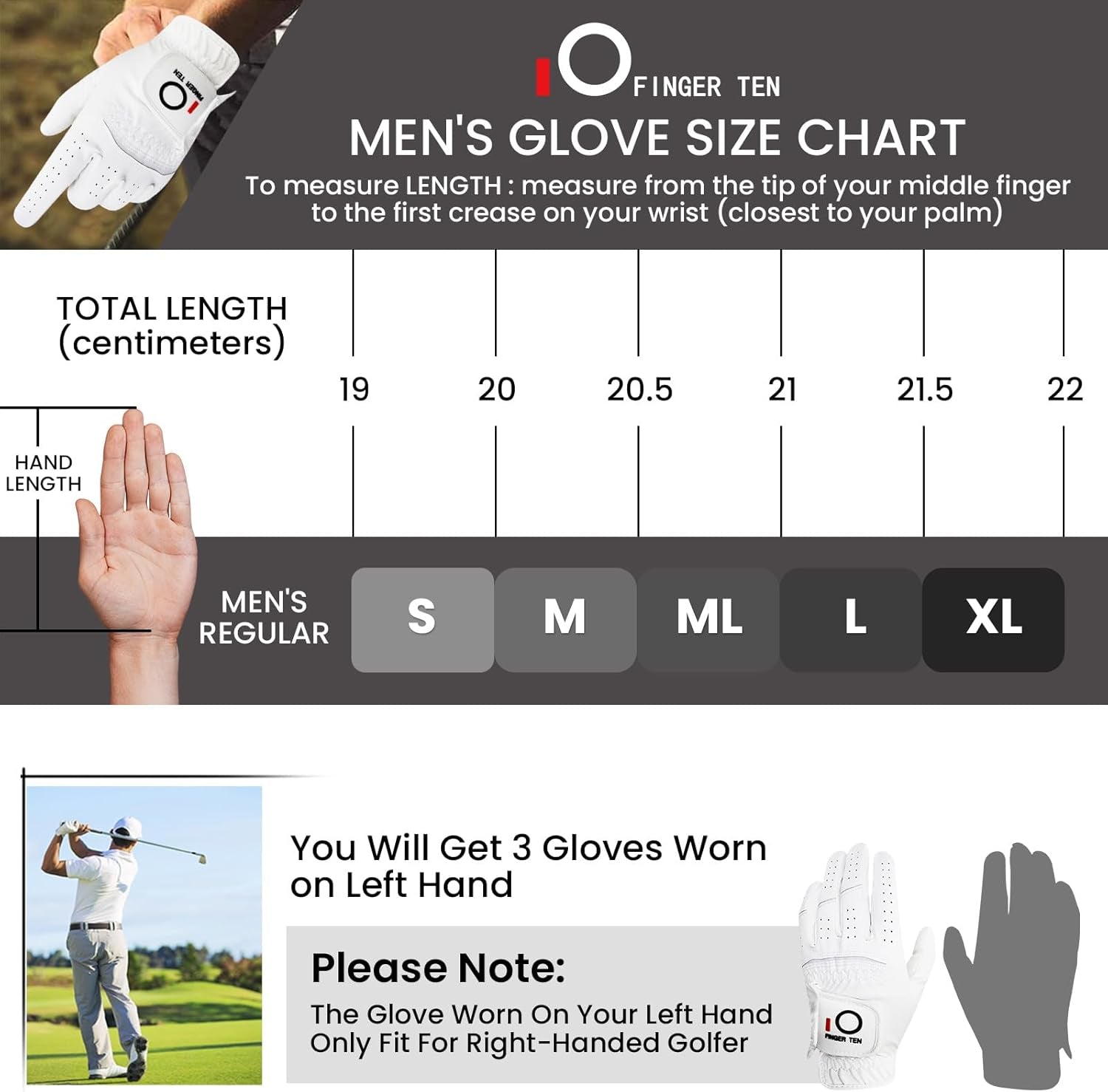 Golf Gloves Men Left Hand Rain Grip Value 3 Pack, All Weather Durable Grip Size Small Medium Large XL White Black Blue Red Brown